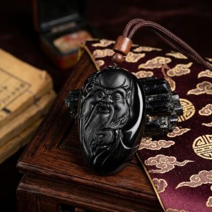L62 Natural Black Obsidian Carved Pendant Necklace Medium