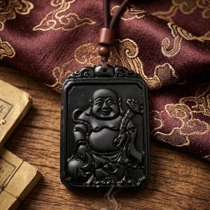 L63  Natural Black Obsidian Carved Pendant Necklace Large